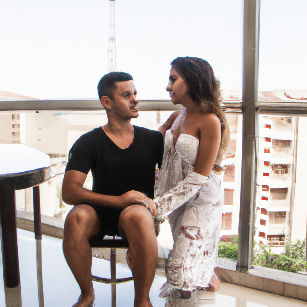Casal feliz em varanda de apartamento de luxo